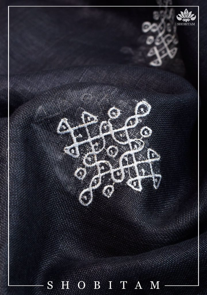 Kolam Linen By Linen embroidery Saree in Black with green selvedges | Sarees By shobitam