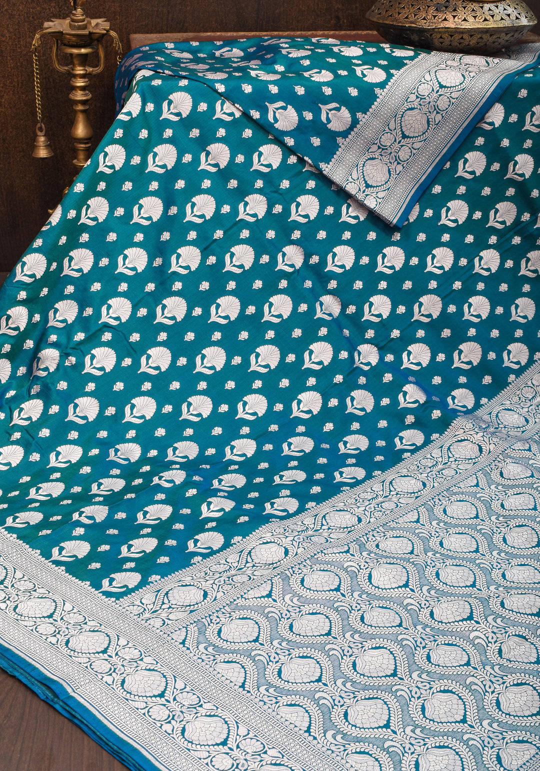 Banarasi Blue Green Dual Tone Katan Silk Saree with Silver Zari Motifs | Silk Mark Certified