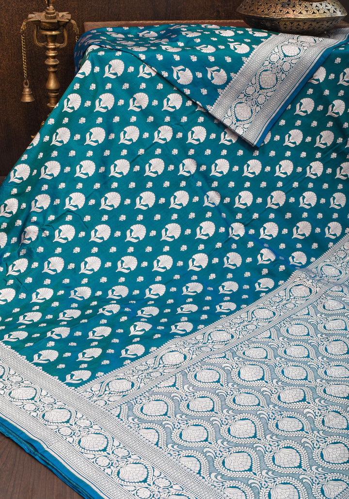 Banarasi Blue Green Dual Tone Katan Silk Saree with Silver Zari Motifs | Silk Mark Certified