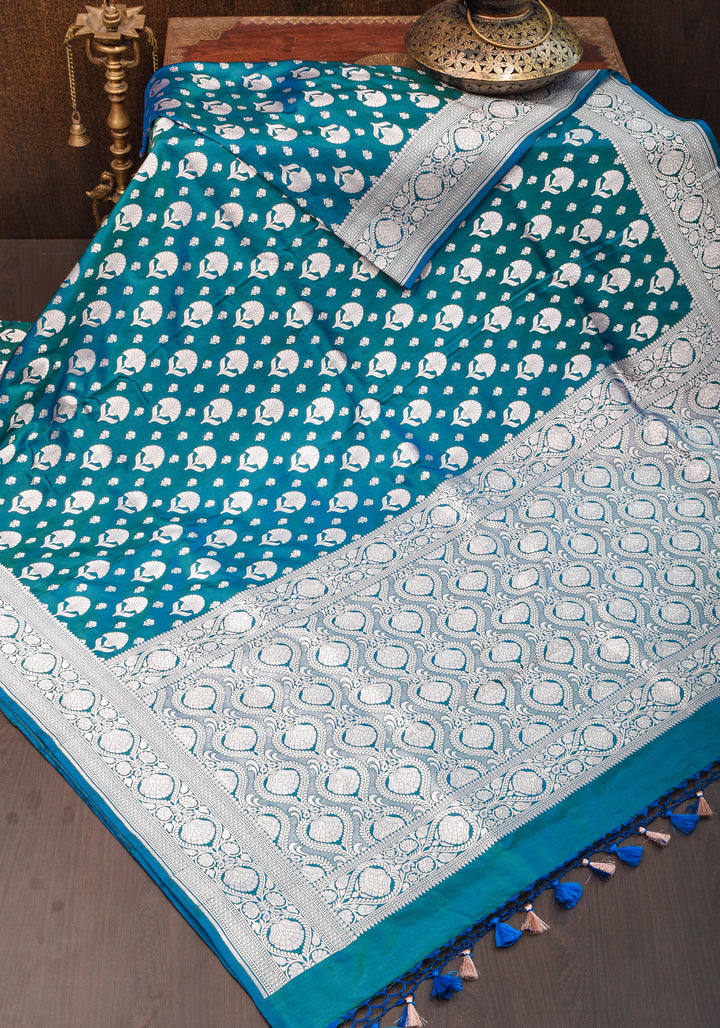 Banarasi Blue Green Dual Tone Katan Silk Saree with Silver Zari Motifs | Silk Mark Certified