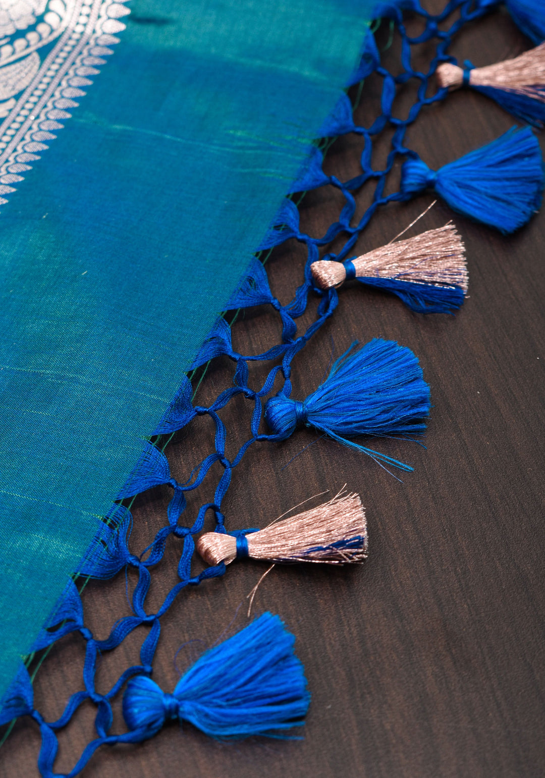 Banarasi Blue Green Dual Tone Katan Silk Saree with Silver Zari Motifs | Silk Mark Certified