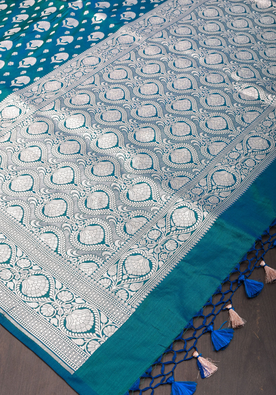 Banarasi Blue Green Dual Tone Katan Silk Saree with Silver Zari Motifs | Silk Mark Certified
