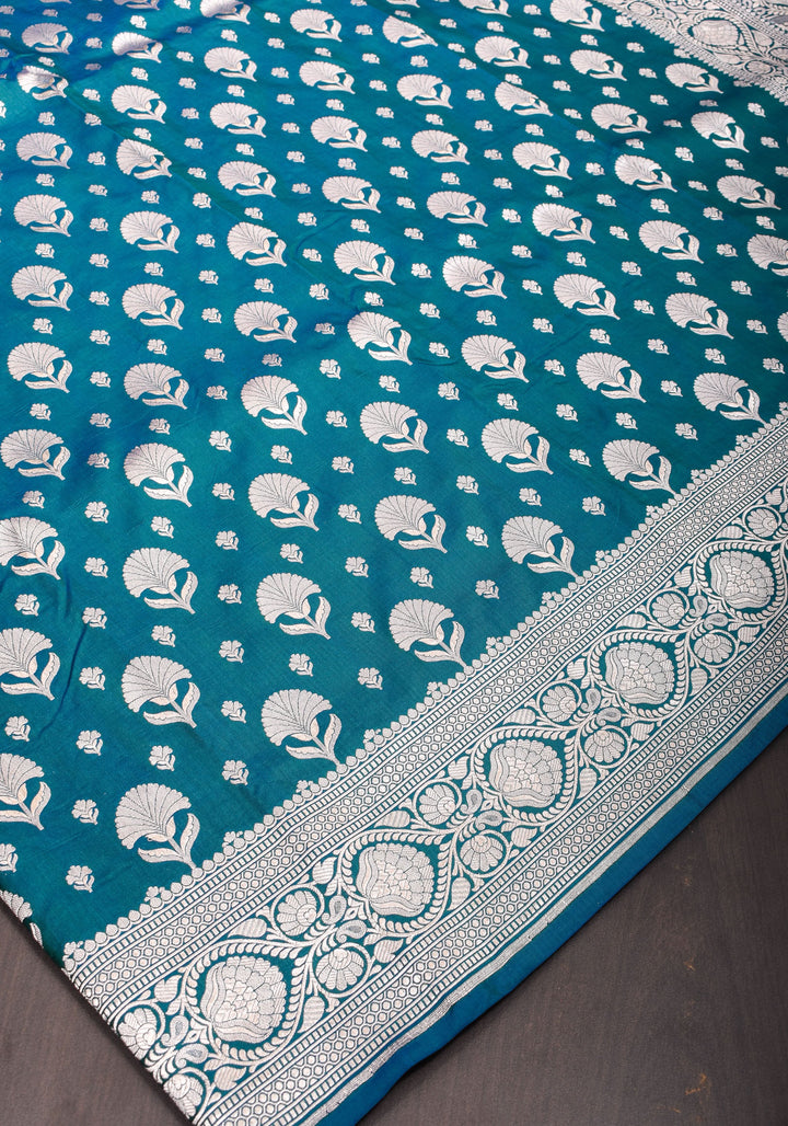 Banarasi Blue Green Dual Tone Katan Silk Saree with Silver Zari Motifs | Silk Mark Certified