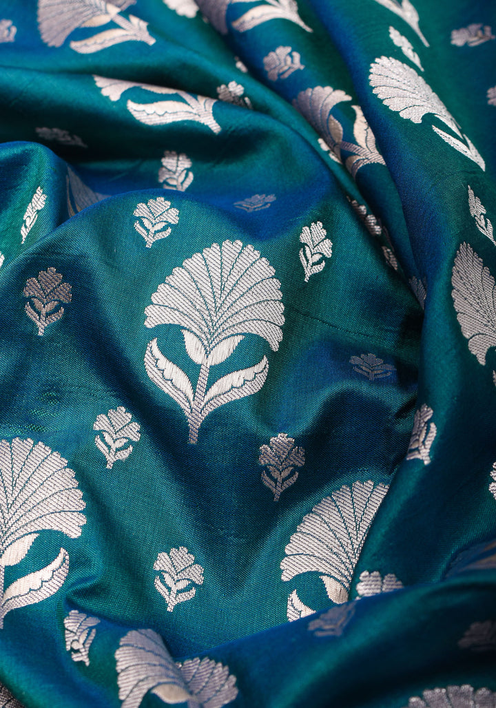 Banarasi Blue Green Dual Tone Katan Silk Saree with Silver Zari Motifs | Silk Mark Certified