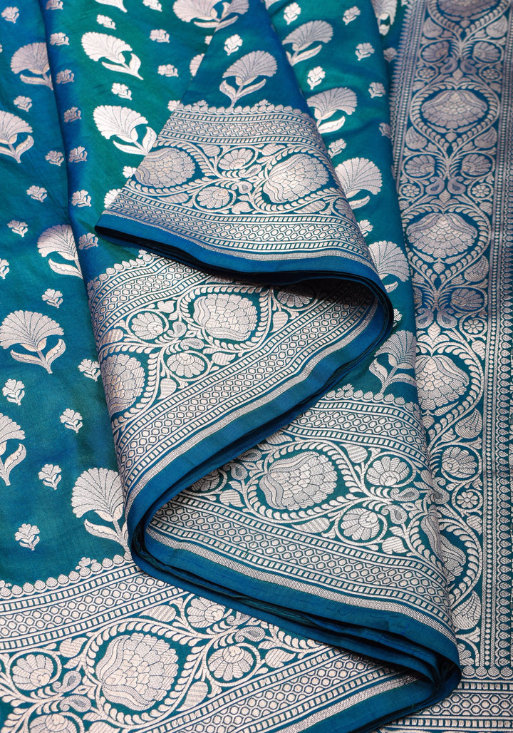 Banarasi Blue Green Dual Tone Katan Silk Saree with Silver Zari Motifs | Silk Mark Certified