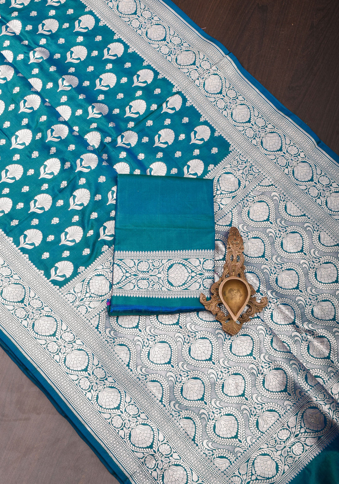 Banarasi Blue Green Dual Tone Katan Silk Saree with Silver Zari Motifs | Silk Mark Certified