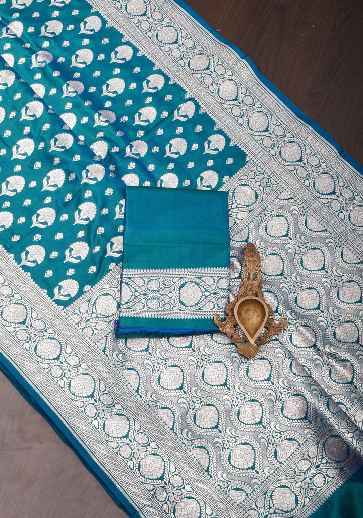 Banarasi Blue Green Dual Tone Katan Silk Saree with Silver Zari Motifs | Silk Mark Certified