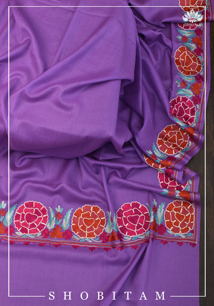 SHAWL : Artisan crafted Kashmiri Aari work Unisex Shawl in lavender