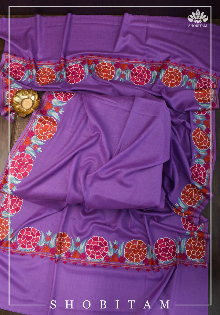 SHAWL : Artisan crafted Kashmiri Aari work Unisex Shawl in lavender