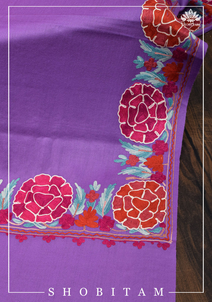 SHAWL : Artisan crafted Kashmiri Aari work Unisex Shawl in lavender