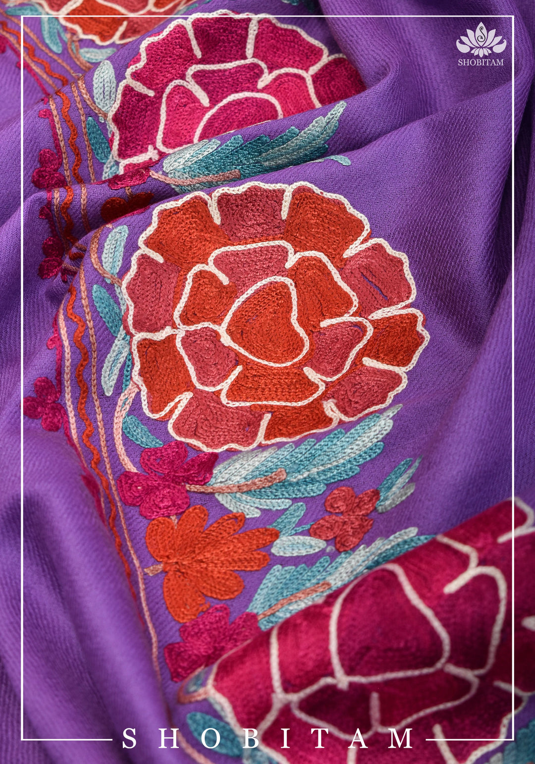 SHAWL : Artisan crafted Kashmiri Aari work Unisex Shawl in lavender
