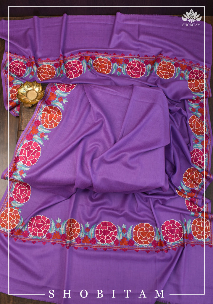 SHAWL : Artisan crafted Kashmiri Aari work Unisex Shawl in lavender