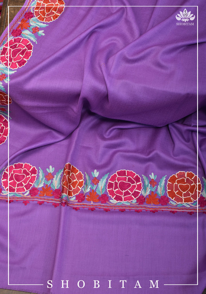 SHAWL : Artisan crafted Kashmiri Aari work Unisex Shawl in lavender