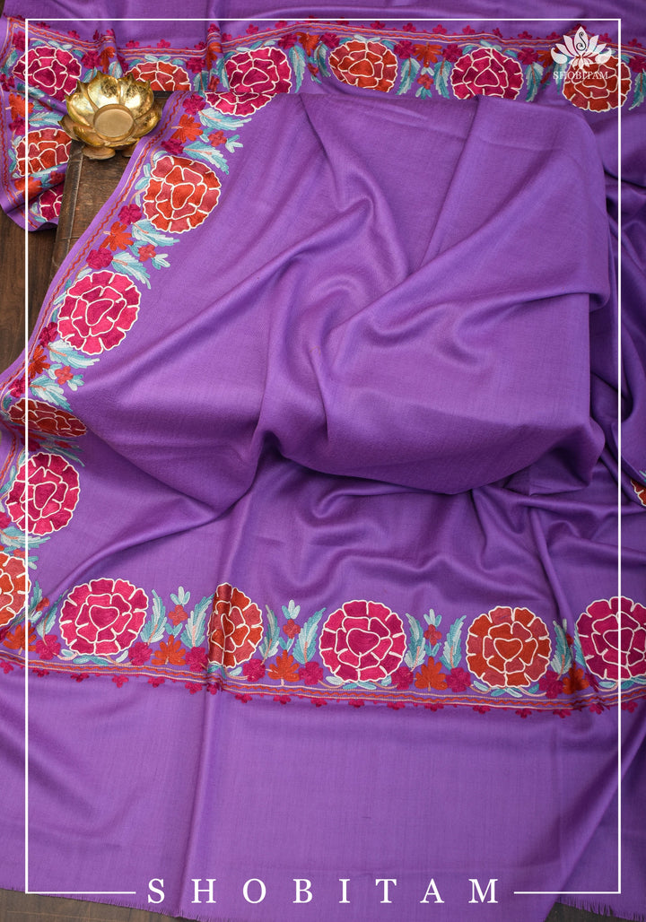 SHAWL : Artisan crafted Kashmiri Aari work Unisex Shawl in lavender