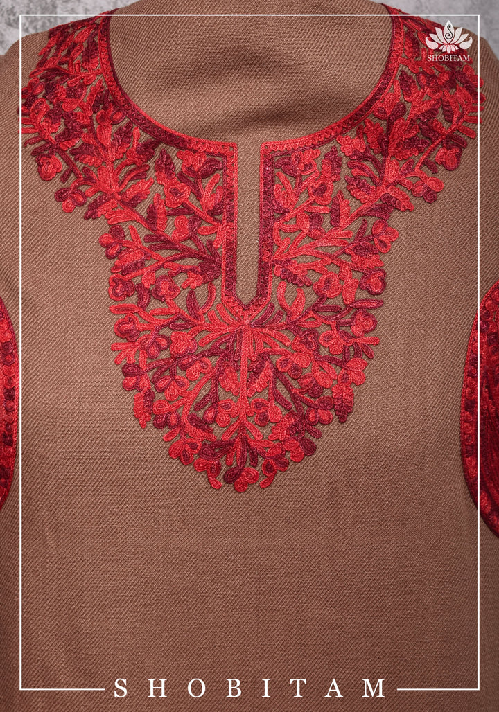 Custom Measure :Kashmiri Aari Work in Brown Salwar Kameez | Readymades by Shobitam