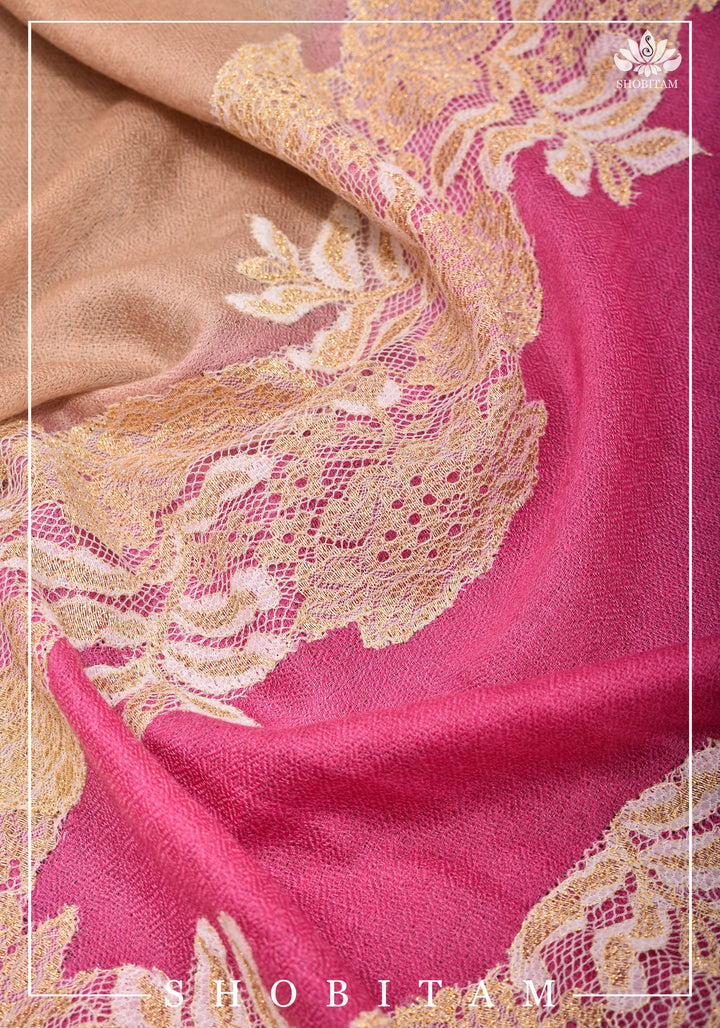 Semi Pashmina Shawls with Net in beige and Pink