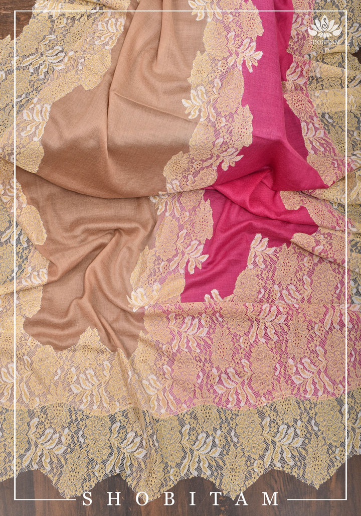 Semi Pashmina Shawls with Net in beige and Pink