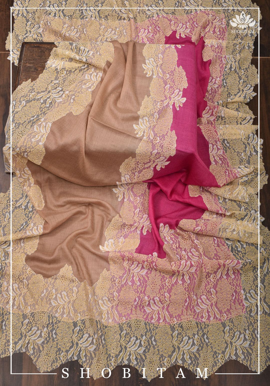 Semi Pashmina Shawls with Net in beige and Pink