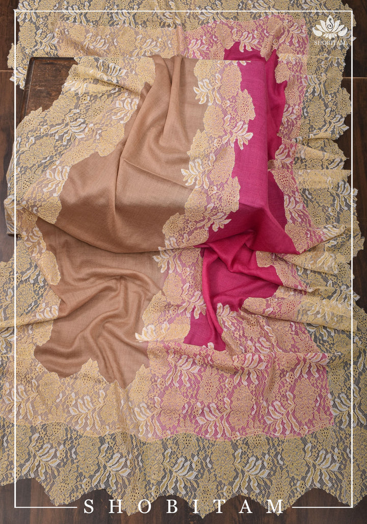 Semi Pashmina Shawls with Net in beige and Pink