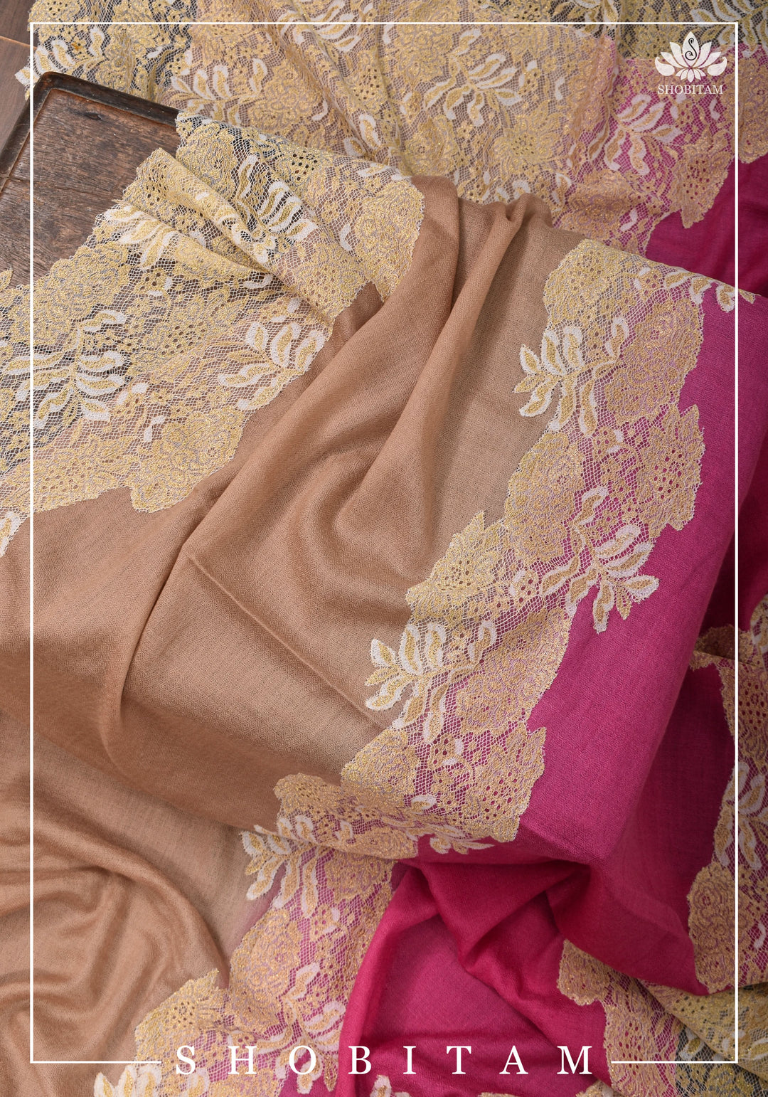 Semi Pashmina Shawls with Net in beige and Pink
