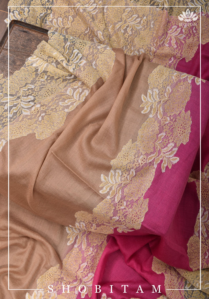 Semi Pashmina Shawls with Net in beige and Pink