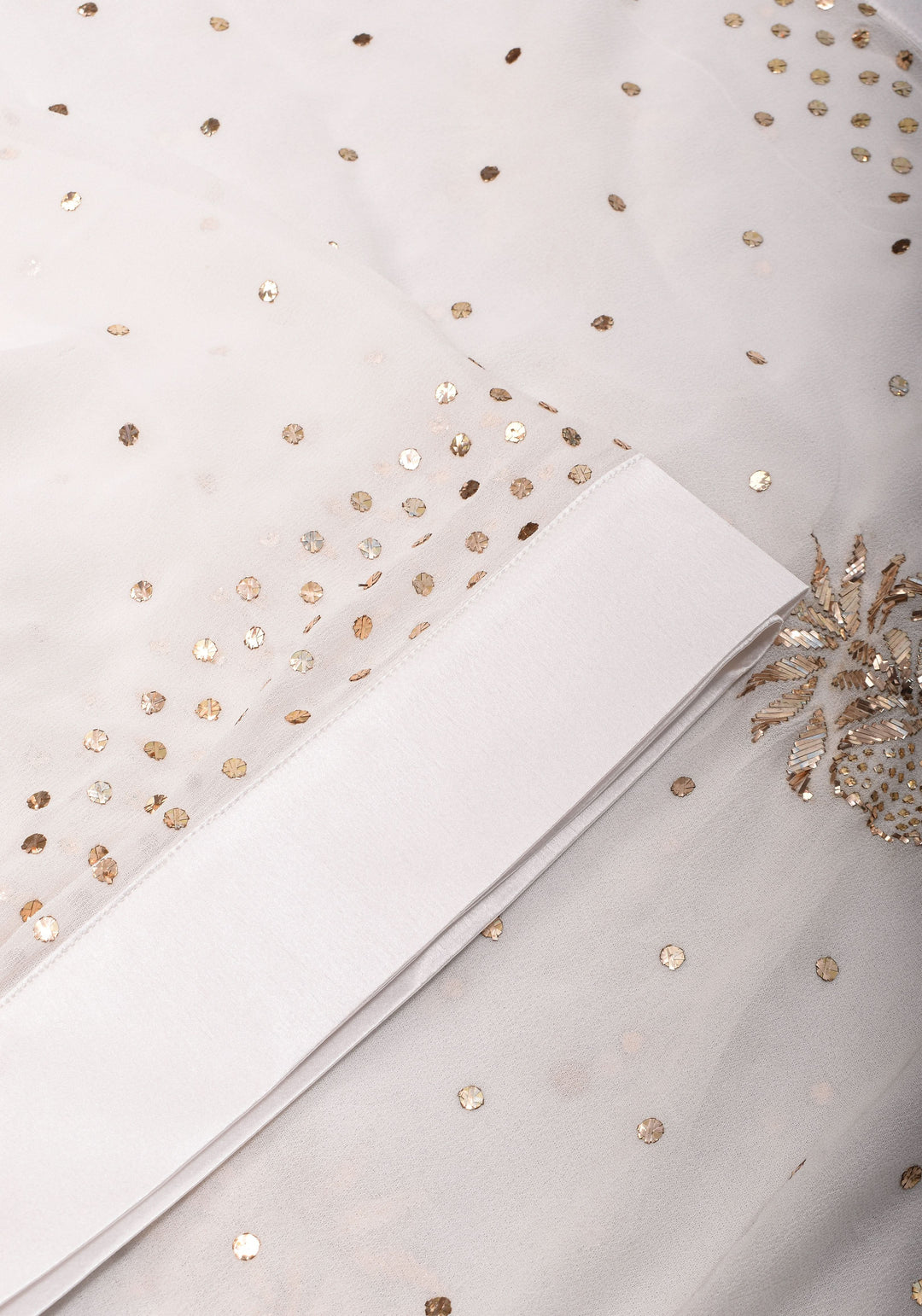 Exquisite and Authentic Hand Mukesh embellishments on White Pure Georgette Saree