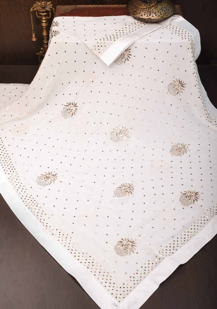 Exquisite and Authentic Hand Mukesh embellishments on White Pure Georgette Saree