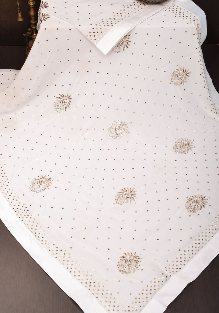 Exquisite and Authentic Hand Mukesh embellishments on White Pure Georgette Saree