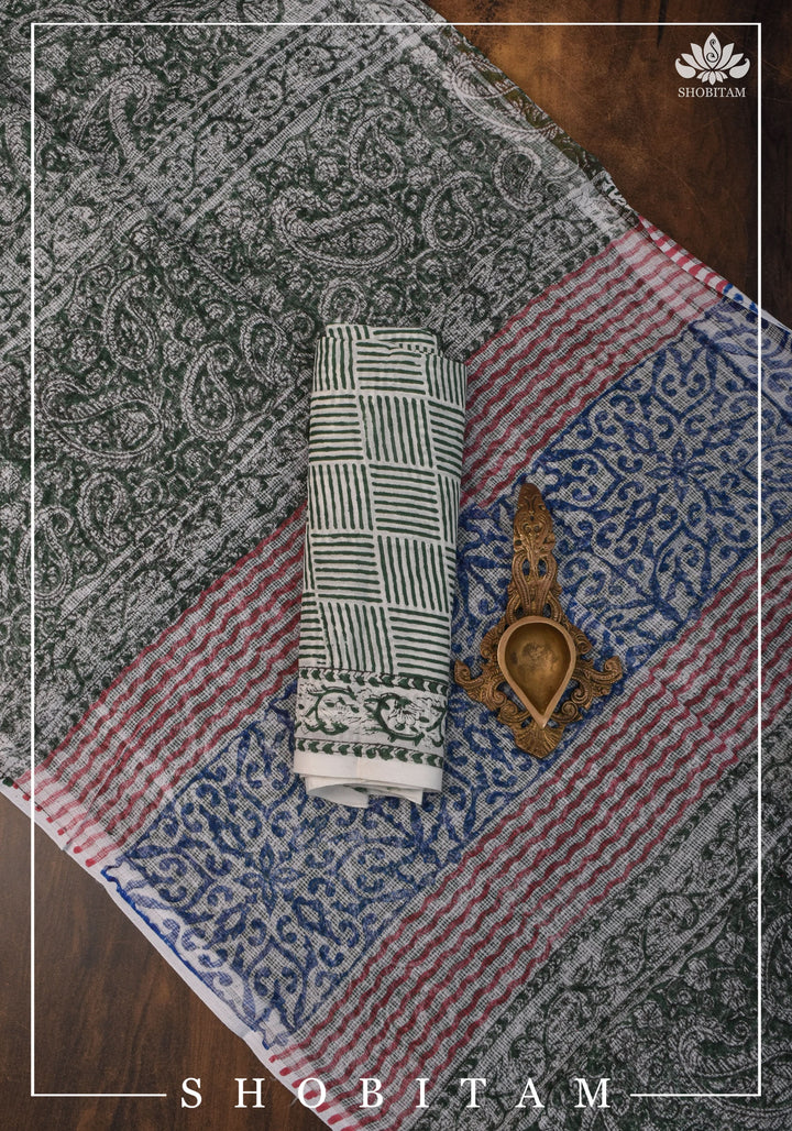Green Kota Doria Cotton Saree with Sanganeri Hand Block Print