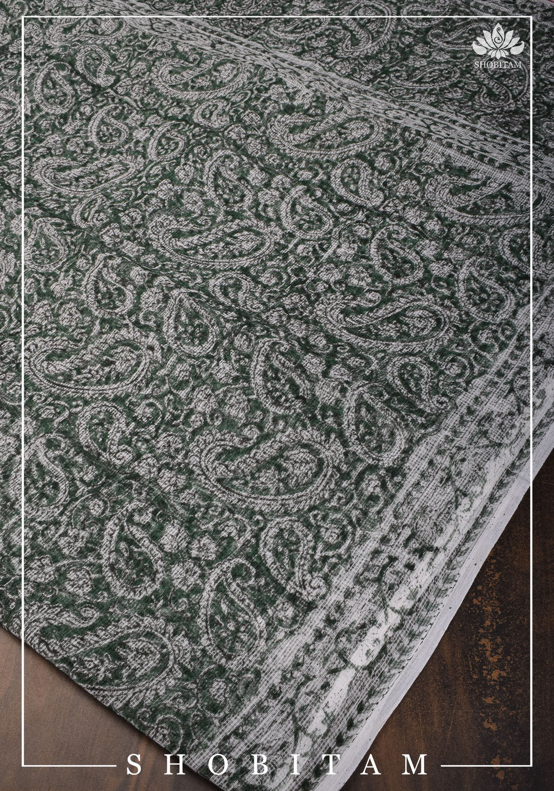 Green Kota Doria Cotton Saree with Sanganeri Hand Block Print