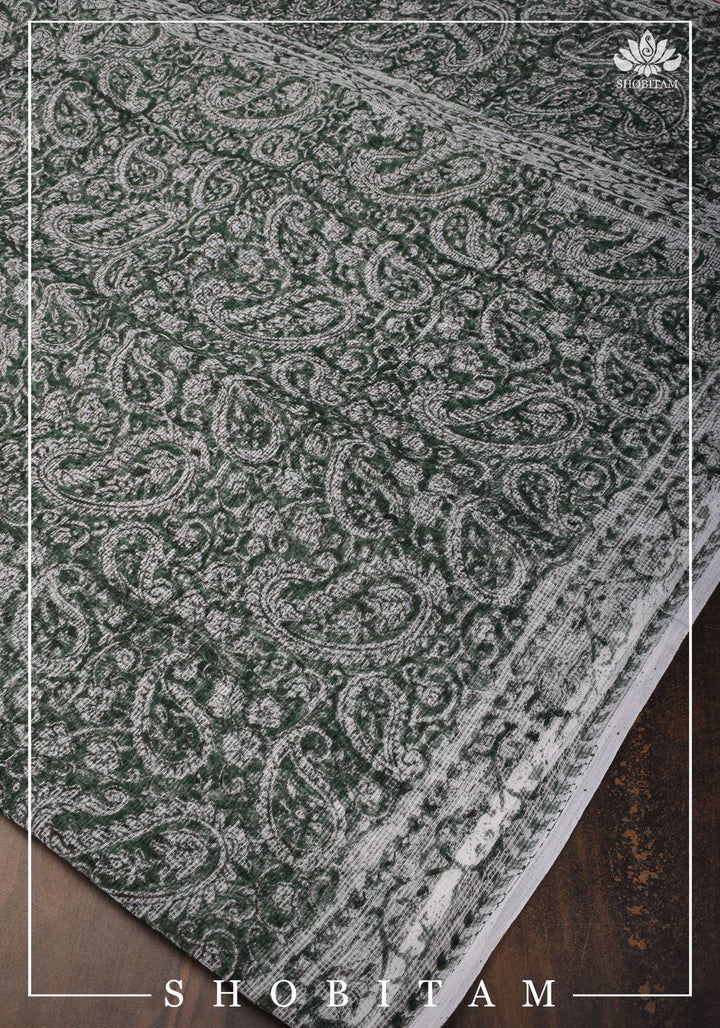 Green Kota Doria Cotton Saree with Sanganeri Hand Block Print
