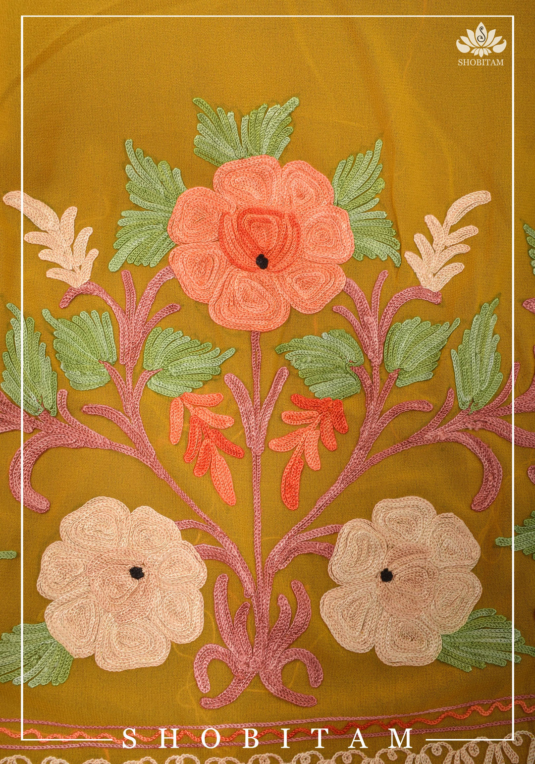 Custom made : Stitched Kashmiri Aari Embroidery Salwar Kameez 3 piece Suit in Pale Mustard Georgette