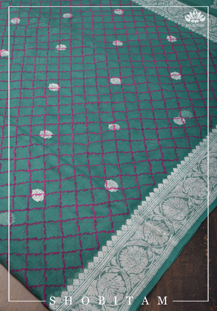 Pure Silk Chiffon Saree in Teal Green with Pink Block printed jaal and silver zari detailing | SILK MARK CERTIFIED