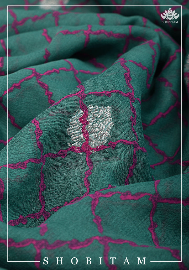 Pure Silk Chiffon Saree in Teal Green with Pink Block printed jaal and silver zari detailing | SILK MARK CERTIFIED