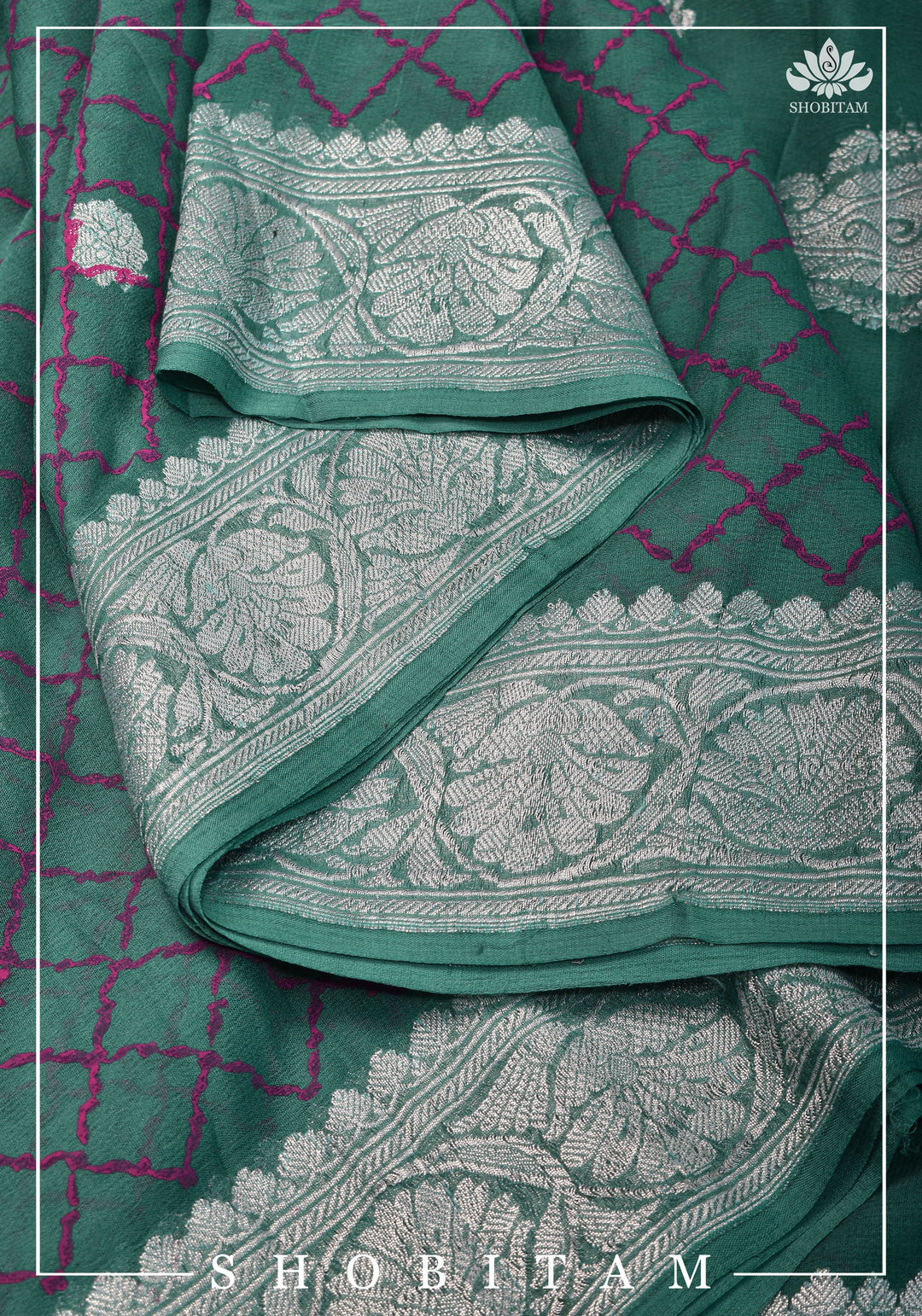 Pure Silk Chiffon Saree in Teal Green with Pink Block printed jaal and silver zari detailing | SILK MARK CERTIFIED