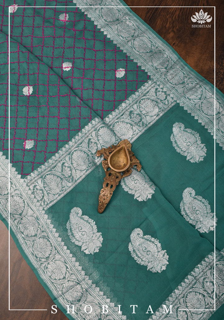 Pure Silk Chiffon Saree in Teal Green with Pink Block printed jaal and silver zari detailing | SILK MARK CERTIFIED