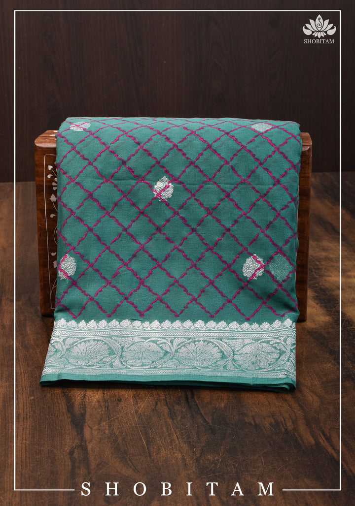 Pure Silk Chiffon Saree in Teal Green with Pink Block printed jaal and silver zari detailing | SILK MARK CERTIFIED