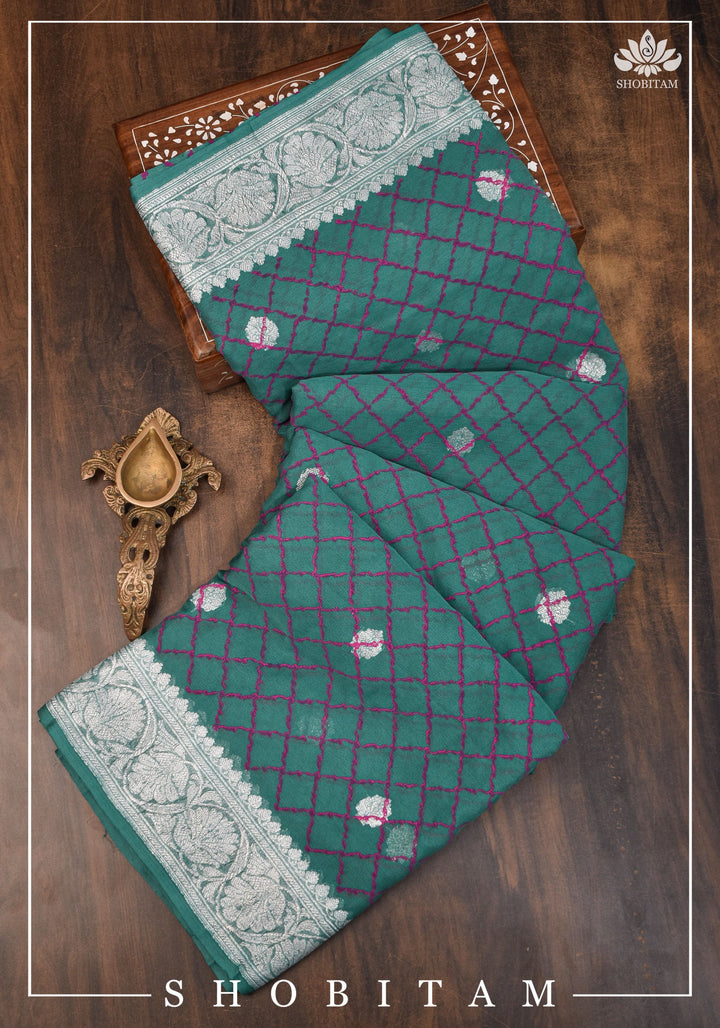 Pure Silk Chiffon Saree in Teal Green with Pink Block printed jaal and silver zari detailing | SILK MARK CERTIFIED