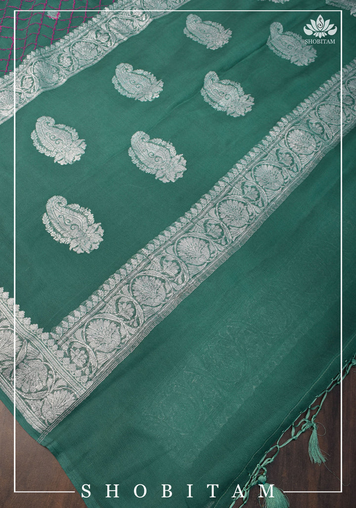 Pure Silk Chiffon Saree in Teal Green with Pink Block printed jaal and silver zari detailing | SILK MARK CERTIFIED
