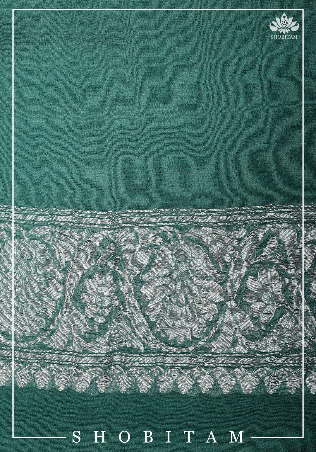 Pure Silk Chiffon Saree in Teal Green with Pink Block printed jaal and silver zari detailing | SILK MARK CERTIFIED