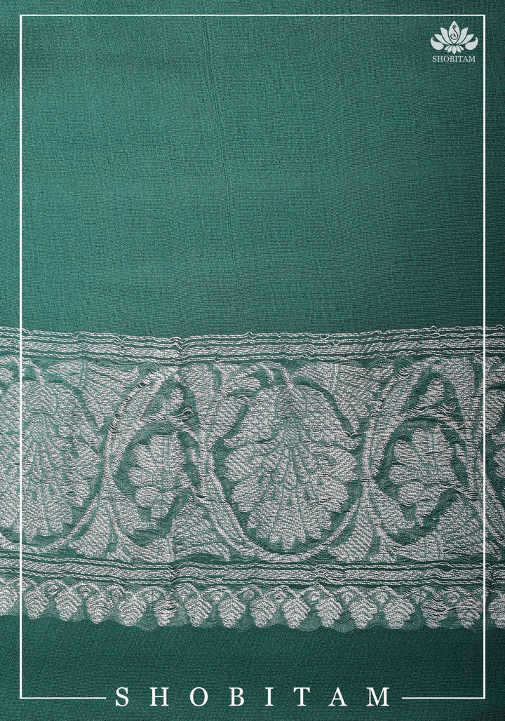Pure Silk Chiffon Saree in Teal Green with Pink Block printed jaal and silver zari detailing | SILK MARK CERTIFIED