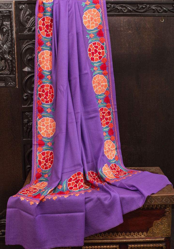 SHAWL : Artisan crafted Kashmiri Aari work Unisex Shawl in lavender