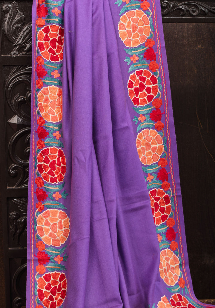 SHAWL : Artisan crafted Kashmiri Aari work Unisex Shawl in lavender