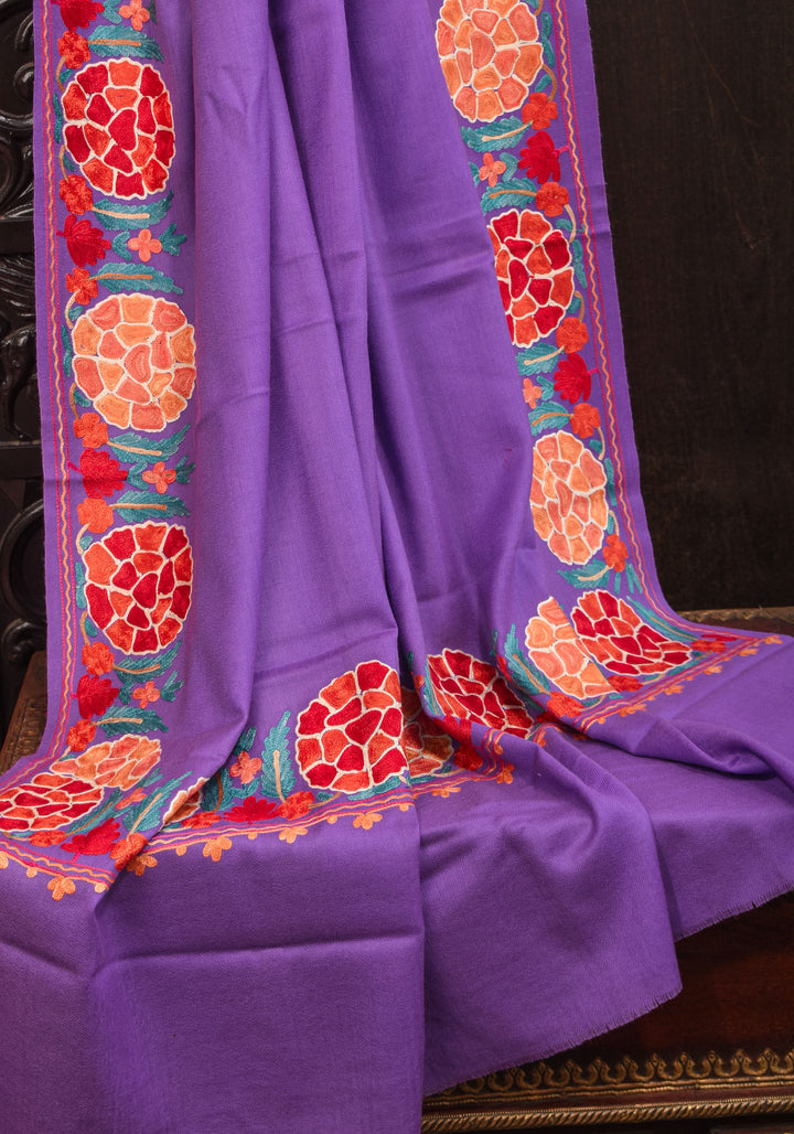 SHAWL : Artisan crafted Kashmiri Aari work Unisex Shawl in lavender