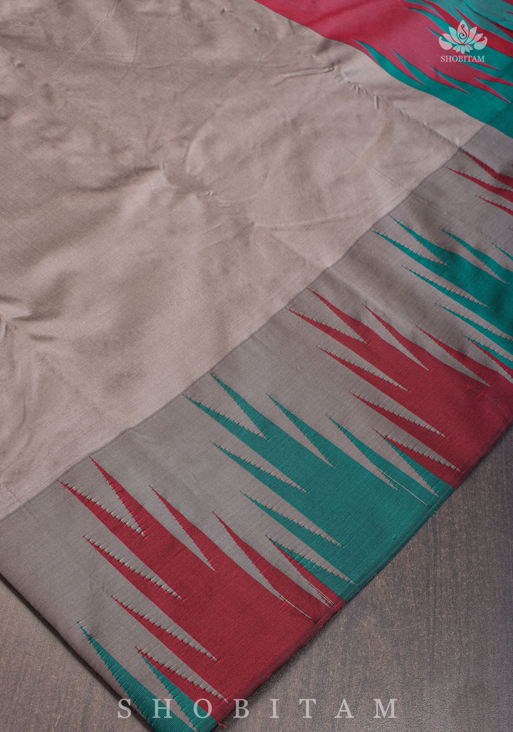 Two tone zari Temple Border On Gray Art Silk