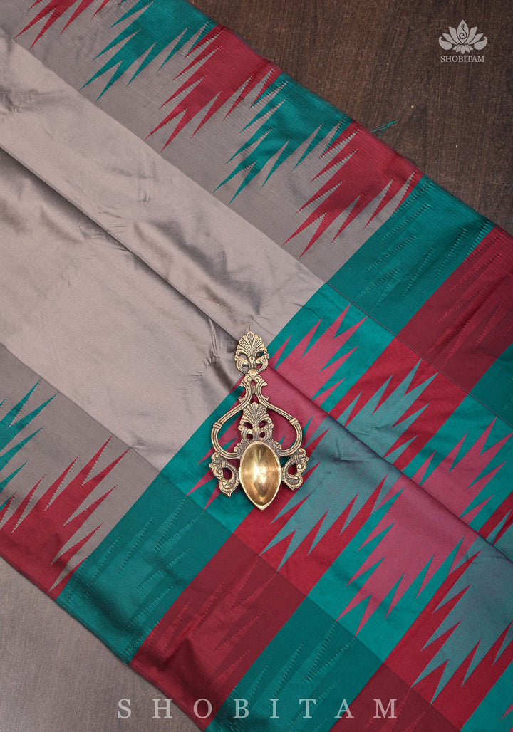 Two tone zari Temple Border On Gray Art Silk