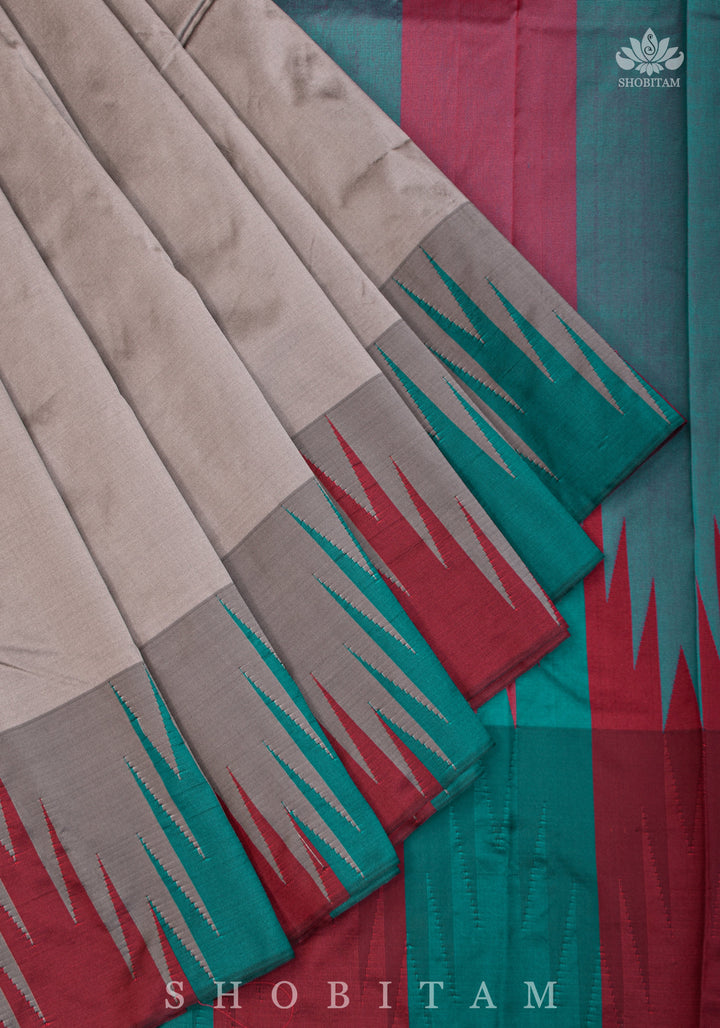 Two tone zari Temple Border On Gray Art Silk