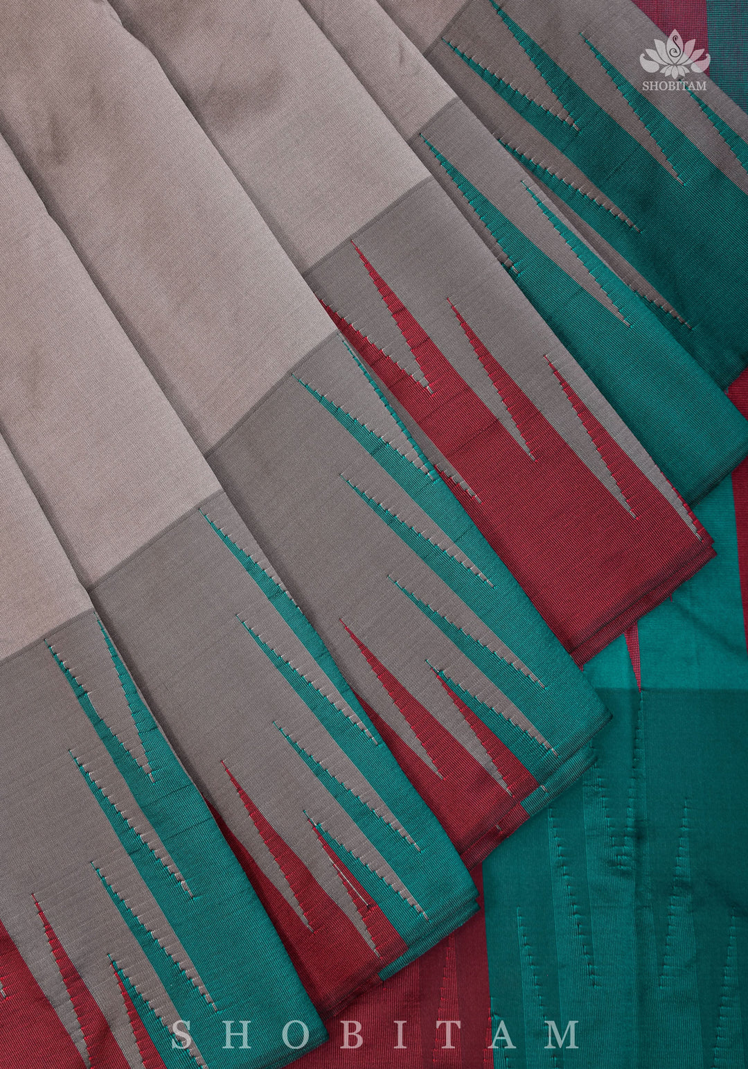 Two tone zari Temple Border On Gray Art Silk