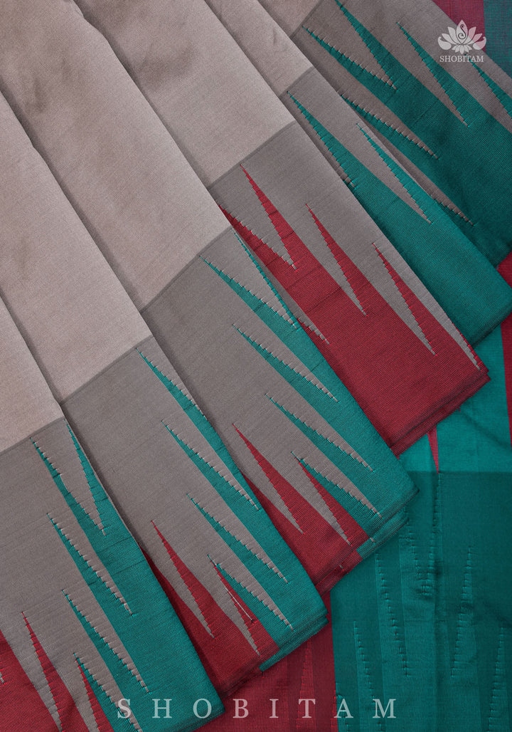 Two tone zari Temple Border On Gray Art Silk