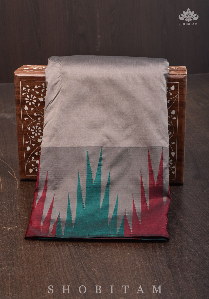 Two tone zari Temple Border On Gray Art Silk